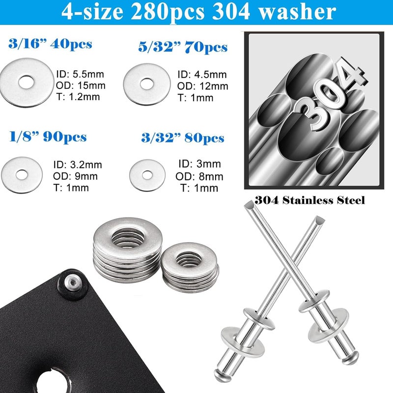 Sunxeke 780pcs Pop Rivets with Washers Assortment Kit,14 Sizes Pop Aluminum Rivets(3/32 1/8 5/32 3/16 1/4 inch) and 4 Sizes washers,Assorted Blind Rivets for DIY/Automotive Repairs/Furniture with Box - Image 3